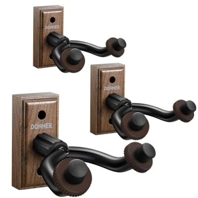 Image de Donner Support Mural pour Guitare Acoustique Electrique, Porte Noyer Noir Basse Ukulélé Violon Mandoline, Pack de 3