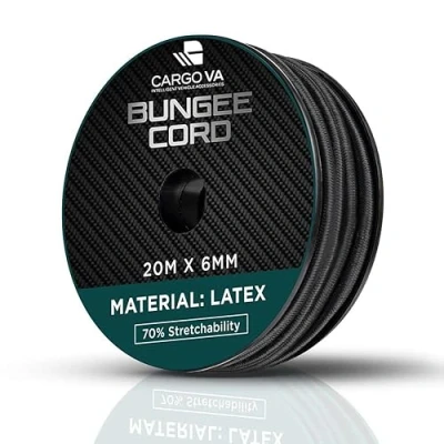 Image de CARGO VA Intelligent Vehicle Accessories CargoVA Corde en caoutchouc 6 mm 20 m noir extensible 70 % de serrage résistante aux intempéries pour remorque, voile d&#039;ombrage, bâche, etc