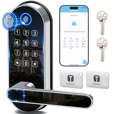 Image de serrure intelligente à empreinte digitale avec clavier sans clé : de porte numérique code passe, poignée électronique, bouton biométrique pour d&#039;entrée,