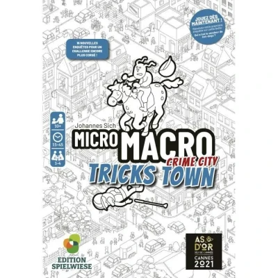 Image de MICRO MACRO : TRICKS TOWN Jeu de société d&#039;enquêtes Pour toute la famille 10 ans et plus 1 à 4 joueurs Version française observation déduction As d&#039;or 2021 (jeu l’année)