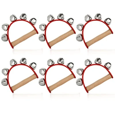 Image de AKOLAFE Lot de 6 clochettes traîneau, instrument rouge avec 5 grelots en acier, musicales poignée bois, sangle cuir pour Noël, Saint Valentin, loisirs créatifs
