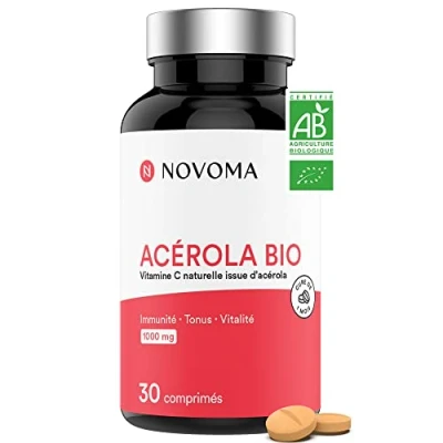 Image de NOVOMA Acerola Bio 1000mg, Riche en Vitamine C Naturelle, Réduit la Fatigue &amp; Renforce le Système Immunitaire, 30 Comprimés À Croquer, Sans Sucre Vegan, Fabriqué France