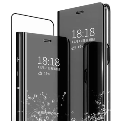 Image de MLOTECH Coque pour Samsung A70,Flip Clear View Translucide Miroir Cover + Verre trempé Film Protecteur Standing 360Housse étui Antichoc Smart Bumper Noir
