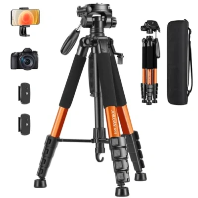 Image de JOILCAN 187cm Trépied pour Appareil Photo, Professionnel Aluminium Caméra avec tête pan Amovible à 3 Voies, Portable Photo téléphone Support Convient aux caméscope DSLR（Orange）