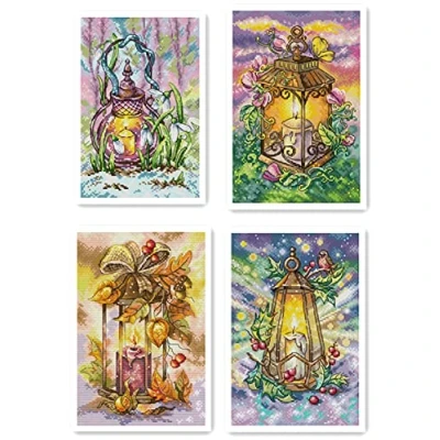 Image de Lot de 4 Awesocrafts Point Croix Kit Complet Estampé, Quatre saisons : printemps, été, automne et hiver Estampillé 11CT 3 brins 26x38cm Broderie Imprimé