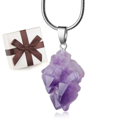 Image de COAI Collier Acier Inoxydable Pendentif Pierres Véritables Améthyste Brute Femme