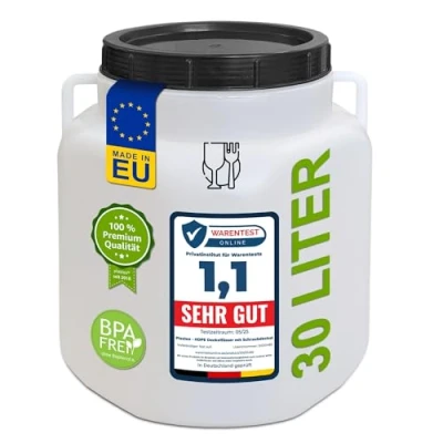 Image de plasteo® tonneau à col large de 30 litres, naturel, carré, avec couvercle et poignées, adapté un usage alimentaire sans BPA, en plastique universel, couvercle, eau,