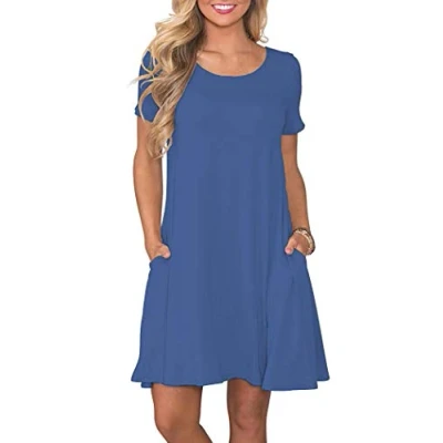 Image de AUSELILY Femmes Robes D&#039;été à Manches Courtes Décontracté T Shirt Robe Ample Courte avec Poches Le Noire XL