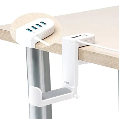 Image de KIWIFOTOS support de casque pivotant à 360 + pince ressort réglable, jeu bureau avec crochet fixation USB 3.0 x1 2.0 x3 blanc