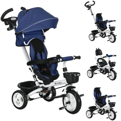 Image de HOMCOM Tricycle bébé évolutif 6 en 1 vélo Poussette avec poignée de poussée, siège réversible, Panier Rangement, auvent, Ceinture sécurité à 5 Points, pour Enfants Ans, Bleu foncé