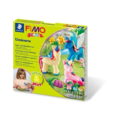 Image de STAEDTLER Fimo Kids Form&amp;Play Set &quot;Les licornes&quot; 4 pains pâte à modeler 42 g assortis + 1 outil de modelage décor notice d&#039;utilisation détaillée 8034 19 LY