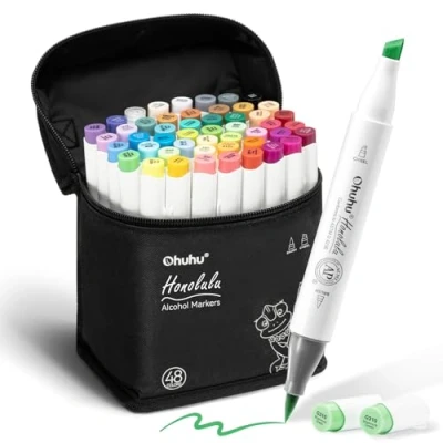 Image de Ohuhu Feutre a Alcool 48 Colorés D&#039;art, Pointe Double Feutres à Marqueurs Pinceau et Ciseau Burin Pour Artiste Etudiants, Coloriage Adulte Croquis Calligraphie