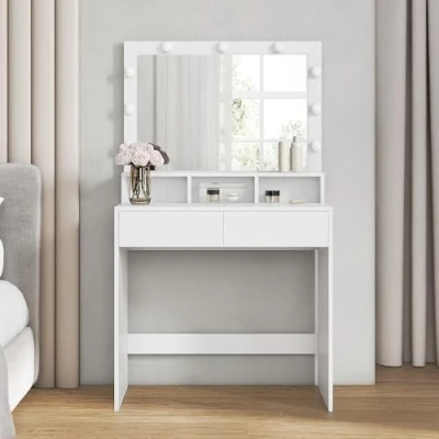 Image de VASAGLE Coiffeuse, Grand Miroir LED à Luminosité Réglable, Table de Maquillage avec Miroir, 2 Tiroirs et 3 Compartiments, Coin Beauté, Style Moderne, Blanc RDT120T10