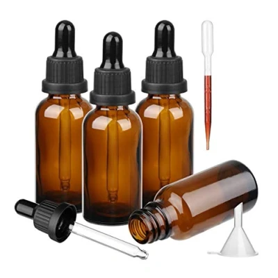 Image de Hyber&amp;Cara 4 X 50ml Flacons en verre ambre avec pipettes, Bouteilles compte gouttes brun vides pour les huiles essentielles/aromathérapie