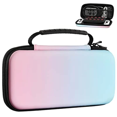 Image de MoKo Étui de Transport Compatible avec Nintendo Switch OLED Modèle 2021/Switch, Coque Protection Portable en EVA 10 Fentes Cartes Jeu, Housse Rangement pour Accessoires, Rose Bleu