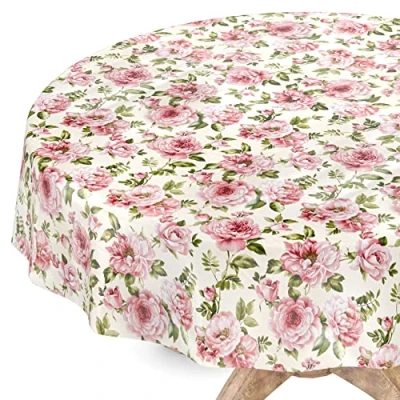 Image de Nappe en toile cirée lavable, ronde, bord coupé, motif fleurs Nathalie, facile d&#039;entretien, 140 cm