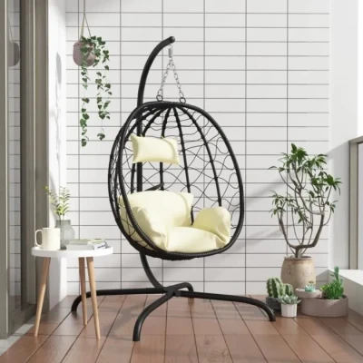 Image de vidaXL Chaise Suspendue en Forme d&#039;Œuf avec Coussin, Fauteuil à Bascule Oreiller, Siège Rembourré de Jardin, Moderne, Blanc Crème Résine Tressée