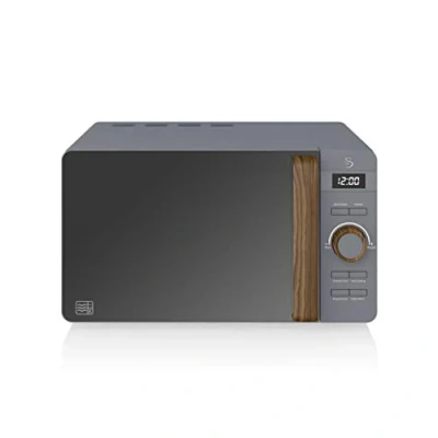 Image de Swan Nordic Micro ondes numérique 20 L, 6 niveaux de fonctionnement, 800 W puissance, minuterie 30 min, nettoyage facile, mode dégivreur, design moderne, poignée effet bois, gris mat