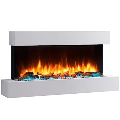 Image de BALDERIA Cheminée électrique Murale Ignis Foyer avec Effet de Flammes 3D Chauffage 2000W, éclairage LED télécommande, minuteur &amp; Thermostat Blanc