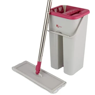 Image de Ensemble de balai et seau Kleeneze à tête plate en microfibre, avec essoreuse intégrée grattoir anti saleté, tampon lavable machine, compact, pivotante 180, KL062253EU