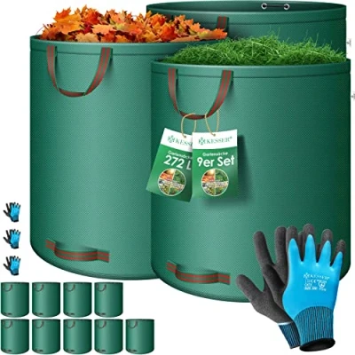 Image de KESSER® Sac de jardin 9x272L Set à feuilles déchets incl. gants Autonome 4 poignées Stable Robuste Pliable Sacs Tontes gazon pour Vert