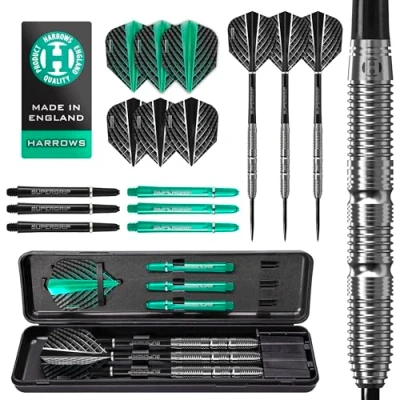 Image de Harrows NX Elite 90% Tungstène Jeu de Fléchettes à Pointe Acier 21g 26g Tous Les Poids Disponibles Énorme Lot 17 Pièces avec Tiges Supergrip, Ailes Quantum et Étui Transport (24g)