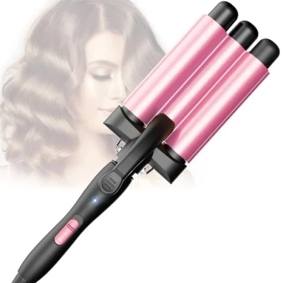 Image de Fer à friser 3 barils Beach Waves ondulé réglable chauffage rapide pour cheveux longs et courts, rose