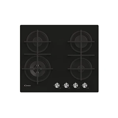 Image de Candy CDK6GF4WEKB Plaque de cuisson, 4 feux, gaz sur verre trempé, grilles en fonte, brûleur à double couronne, poignées inox, 59,5 x 51 9,5 cm, noir