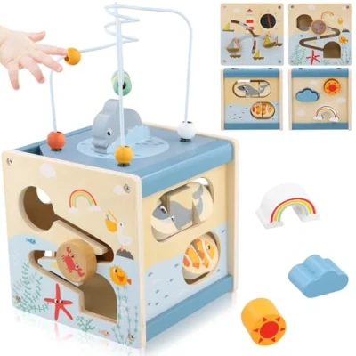 Image de Focenat Cube Activité Bébé 1 an, d en Bois, Jouets Éveil Montessori, Éducatif Sensoriel avec Labyrinthe de Perles et Tri Formes, Jouet pour Garçons Filles