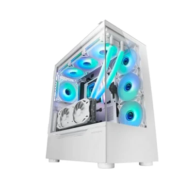Image de Mars Gaming MC ULT, Boîtier Custom XXL E ATX, Double Vitre Tempérée 90 Sans Cadre + Porte Latérale, Refroidissement Liquide Complet, Tour PC avec Design à Chambre Verticale, Blanc