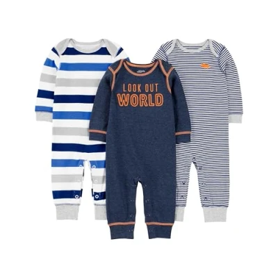 Image de Simple Joys by Carter&#039;s 3 Pack Jumpsuits Barboteuse, Blanc Rayures/Bleu Marine Imprimé Texte/Gris Chiné Motif Rayures Rugby, 6 9 Mois (Lot de 3) Bébé garçon
