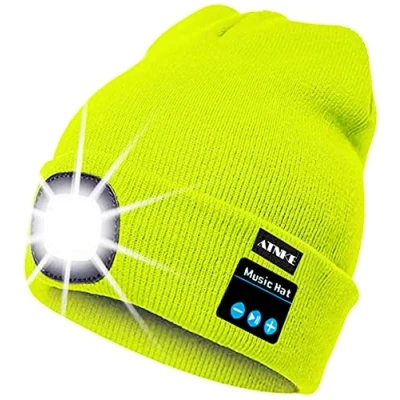 Image de ATNKE LED Bluetooth Bonnet Lumineux, Rechargeable USB Musical Running Chapeau Ultra Lumineux 4 Lampe Étanche Utilisation De La Lumière pour Ski Randonnée Camping (Jaune Fluorescent)