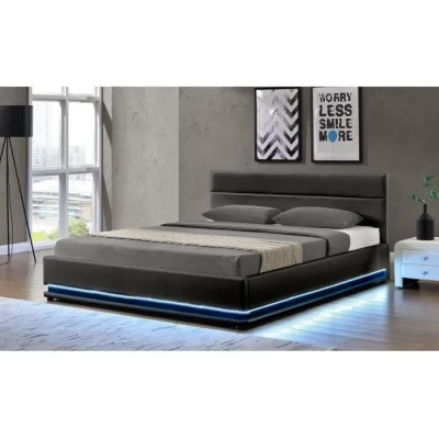 Image de Habitat et Jardin Lit Double LED Anastasia en Simili Noir avec Coffre Rangements 140 x 190 cm Cadre de 2 Places Design Sommier à Lattes Tête Inclus
