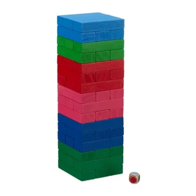 Image de Relaxdays Tour vacillante, Cubes à empiler, 48 Blocs de Bois avec dé, H x L P : env. 24,5x7,5x7,5 cm, Multicolore
