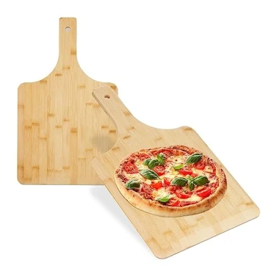 Image de Relaxdays Pelle à Pizza en Bambou, Lot de 2, 50x30 cm, carrée, spatule, Bords arrondis, poignée, Planche, Nature
