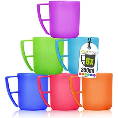 Image de idea station Neo tasse en plastique 6 x 350 ml coloré ensemble de tasses incassables pour enfants et personnes âgées camping idéale avec poignée