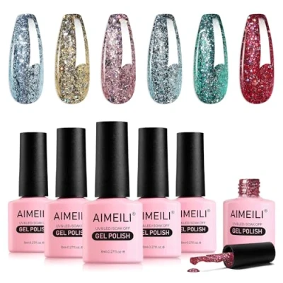 Image de AIMEILI 6 Pcs Vernis Gel Semi Permanent Paillettes de Platine, Lot à Ongles Sparkly Shiny Metallic Polish Soak Off UV LED Sans HEMA Longue Durée 8ml Kit 56