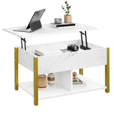 Image de YITAHOME Table Basse à Plateau Relevable, Rangement 2 Niveaux, Hauteur Réglable avec Compartiment de Caché et Étagère pour Salon, Bureau, Marbre Blanc