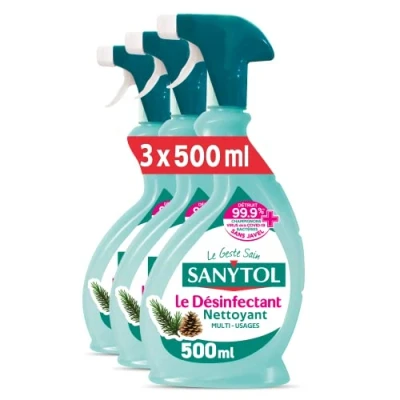Image de Sanytol Désinfectant Multi Usages Parfum Pin 500 ml Lot de 3 Bactéricide, Virucide, Fongicide Sans Javel, Testé Dermatologiquement Rinçage