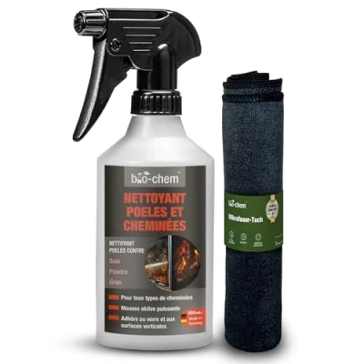 Image de Bio Chem Nettoyant vitre cheminée 500ml + chiffon en microfibres Produits et accessoires de nettoyage insert, cheminee, poele a granule, bois Produit insert cheminee