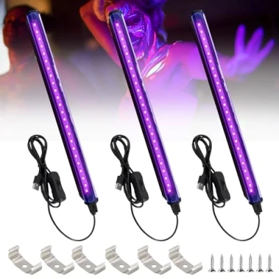 Image de Vegena Lot de 3 tubes à Lumière noire 5 W 24 LED 28 cm Avec interrupteur USB UV Lampe fête pour Éclairage scène Peinture corporelle