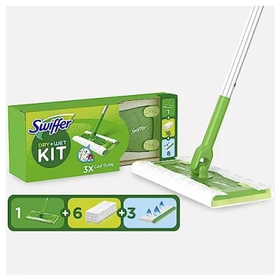 Image de Swiffer Kit Complet Balai, 1 Balais, 6 Lingettes Sèches Et 3 Humides, Attrape Retient Fois Plus De Poussière, Saleté Poils Qu’Un Balai Classique