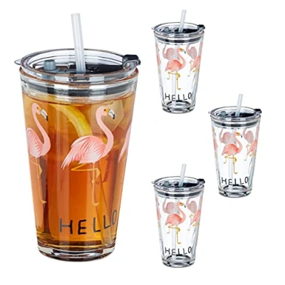 Image de relaxdays Verre avec Paille et Couvercle, Lot de 4, Motif Flamant Rose, 450 ML, lavables au Lave Vaisselle, Transparent