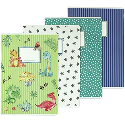 Image de 4 cahiers d&#039;exercices de haute qualité pour enfants DIN A4 lignés et quadrillés 32 pages motif dinosaure commencer l&#039;école les élèves primaire set numéro 16 feuilles