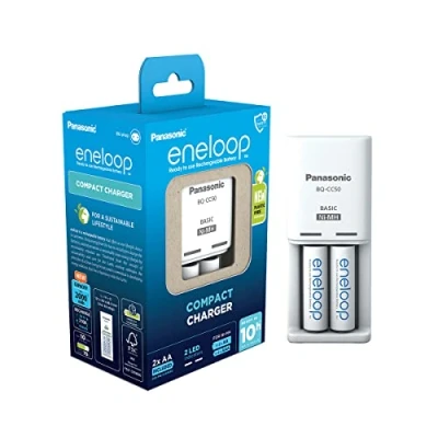 Image de eneloop Compact Chargeur, pour 1 2 Piles Rechargeables AA/AAA, 10h de Temps Charge, 9 Fonctions sécurité, AA (2000 mAh) incluses
