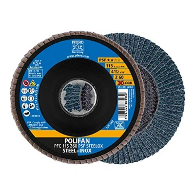 Image de PFERD Lot de 10 disques à lamelles Polifan 115 mm Z60 X LOCK (22,23 mm) PSF STEELOX Pour une grande économie grâce un usinage agressif avec bonne durée vie