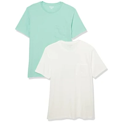 Image de Amazon Essentials T shirt à coupe ajustée, manches courtes et col roulé Homme, Lot de 2, Blanc/Bleu des Mers du Sud, XS