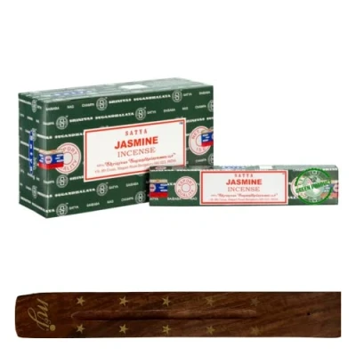 Image de Satya Nag Champa Bâtons d&#039;encens au jasmin avec porte encens M&amp;J Boîte complète pour aromathérapie, spa, yoga, mariages, méditation, guérison, positivité et relaxation