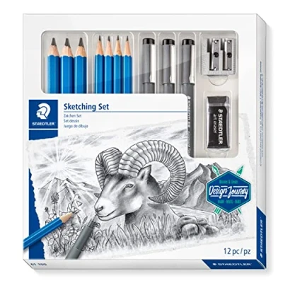 Image de Staedtler Mars Lumograph, Coffret dessin graphite pour beaux arts, Inclus crayons à papier, feutres de dessin, gomme et taille crayon, 61 100