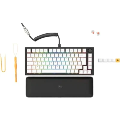 Image de Glorious Gaming GMMK Pro 75% Clavier de Jeu mécanique modulaire, TKL, Cadre 1,5 kg, Personnalisable, câble spiralé, Repose Poignets, Touches Blanches, RGB, Disposition AZERTY française Noir